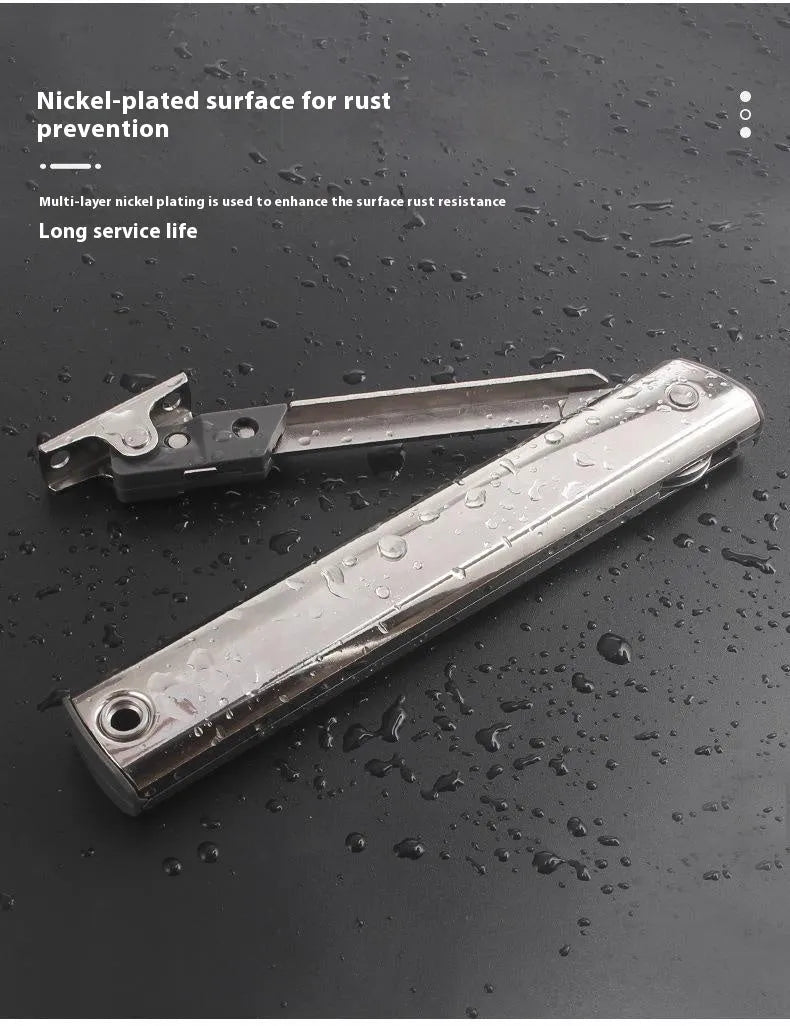 Cold rolled steel flap-up door support rod with spring jackstay in stainless steel finish.