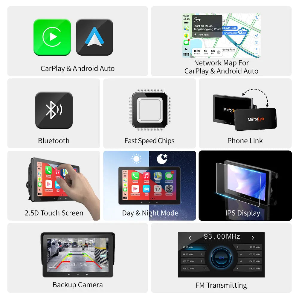7 inch wireless CarPlay display with suction cup mount and astern video function for cars