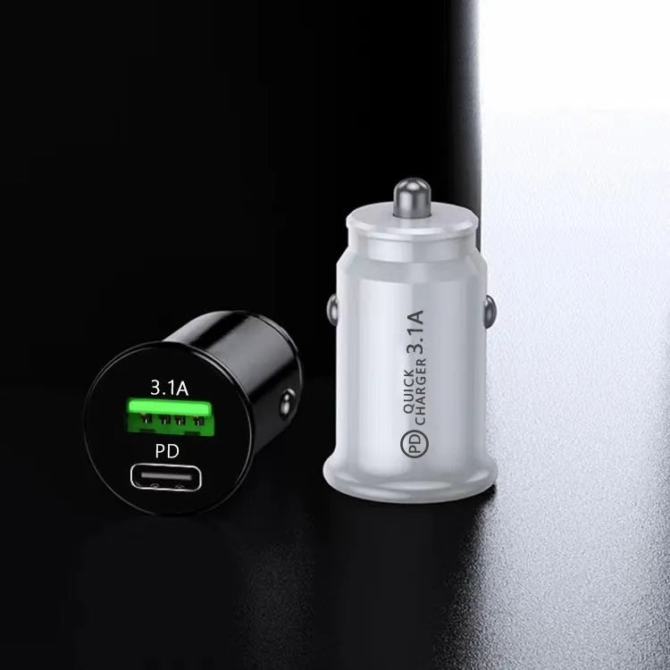 Dual USB port car charger with bare metal housing in black or white finish for 12V vehicle socket charging