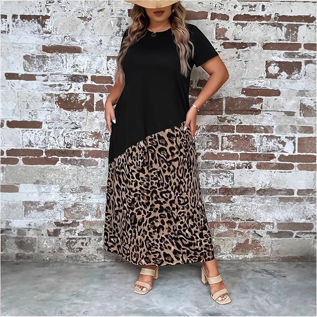 Black leopard print maxi dress for women, plus size 1XL to 5XL, short sleeves, loose fit