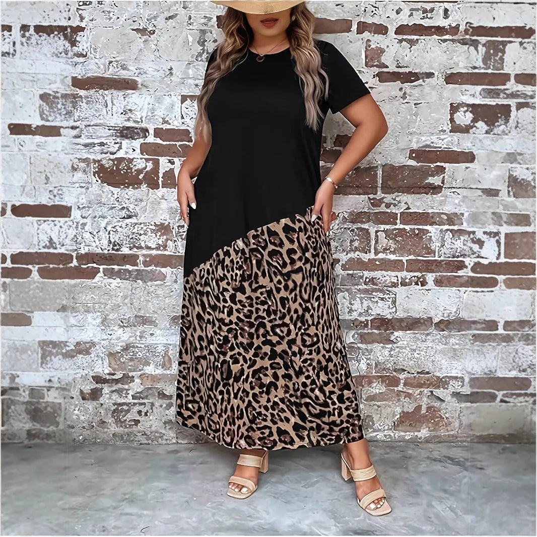 Black leopard print maxi dress for women, plus size 1XL to 5XL, short sleeves, loose fit