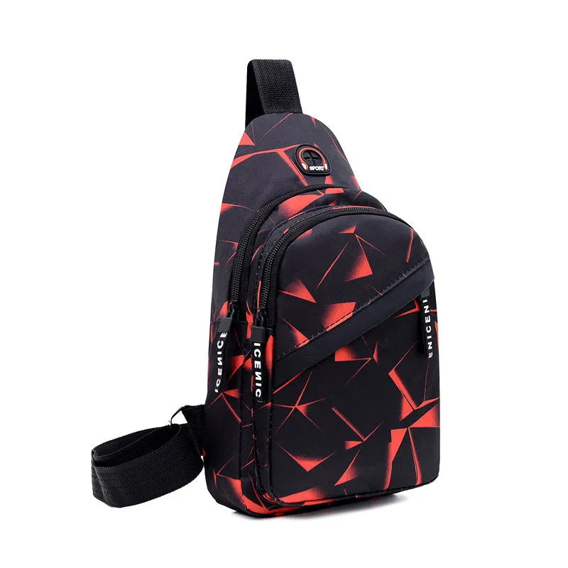 Blue print sling chest bag with a crossbody strap, showing the earphone hole and zipper opening.