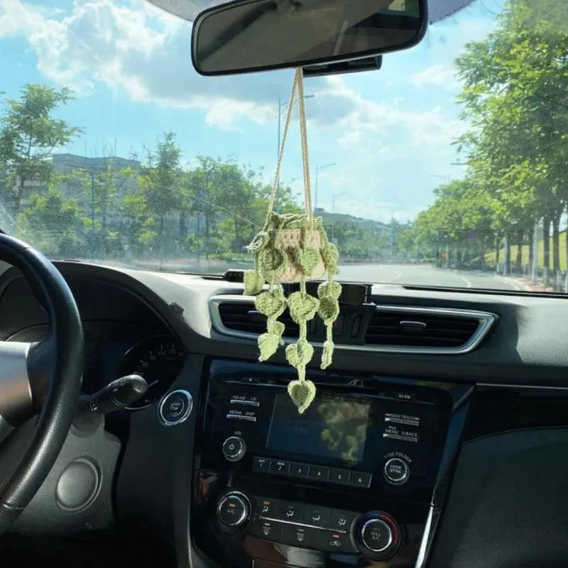 Green and white knitted wool car plant decoration with 25cm hanging rope