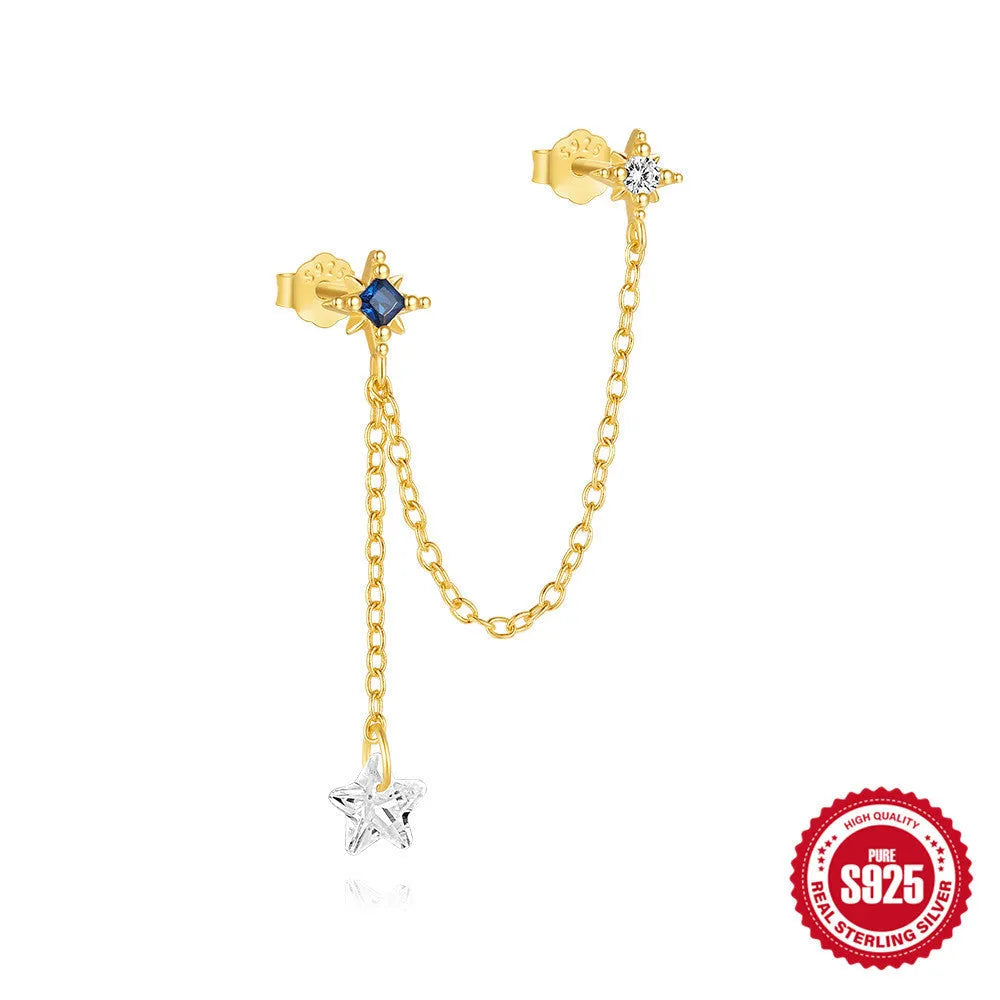 S925 sterling silver stud earrings with zircon inlay in golden geometric designs including clover and crown.