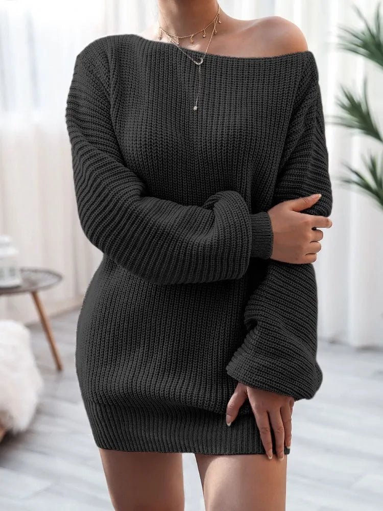 Women's casual off-the-shoulder knitted sweater dress with lantern sleeves in solid colour