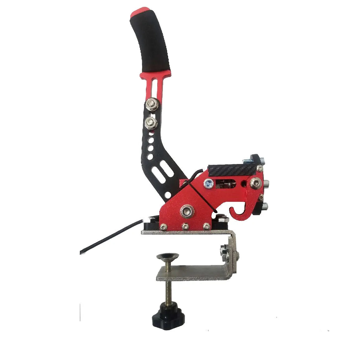 USB linear handbrake for PC racing simulators with aluminium clamp mounted on a wheel base.