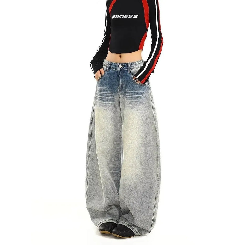 Blue straight leg cotton pants with retro design and mid-rise waist on woman