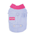 Blue and purple polyester dog cooling vest with reflective strips and adjustable belly strap