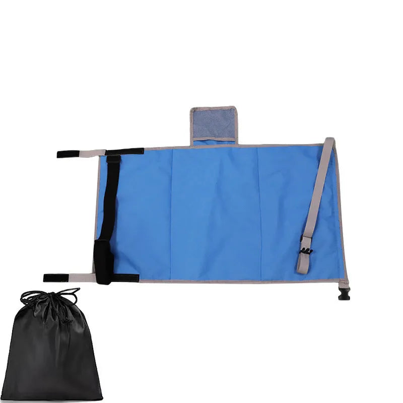 Portable children's aircraft pedal seat extender with drawstring storage pocket