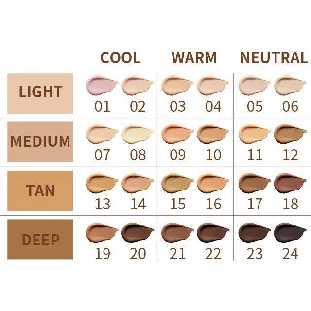 A concealer contour stick pen showing 24 different colour shades for waterproof makeup application.