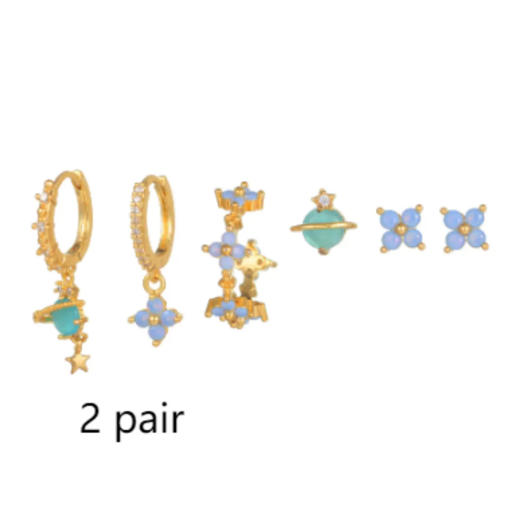Gold and silver flower stud earrings with zircon mosaic detail in Japanese Korean style