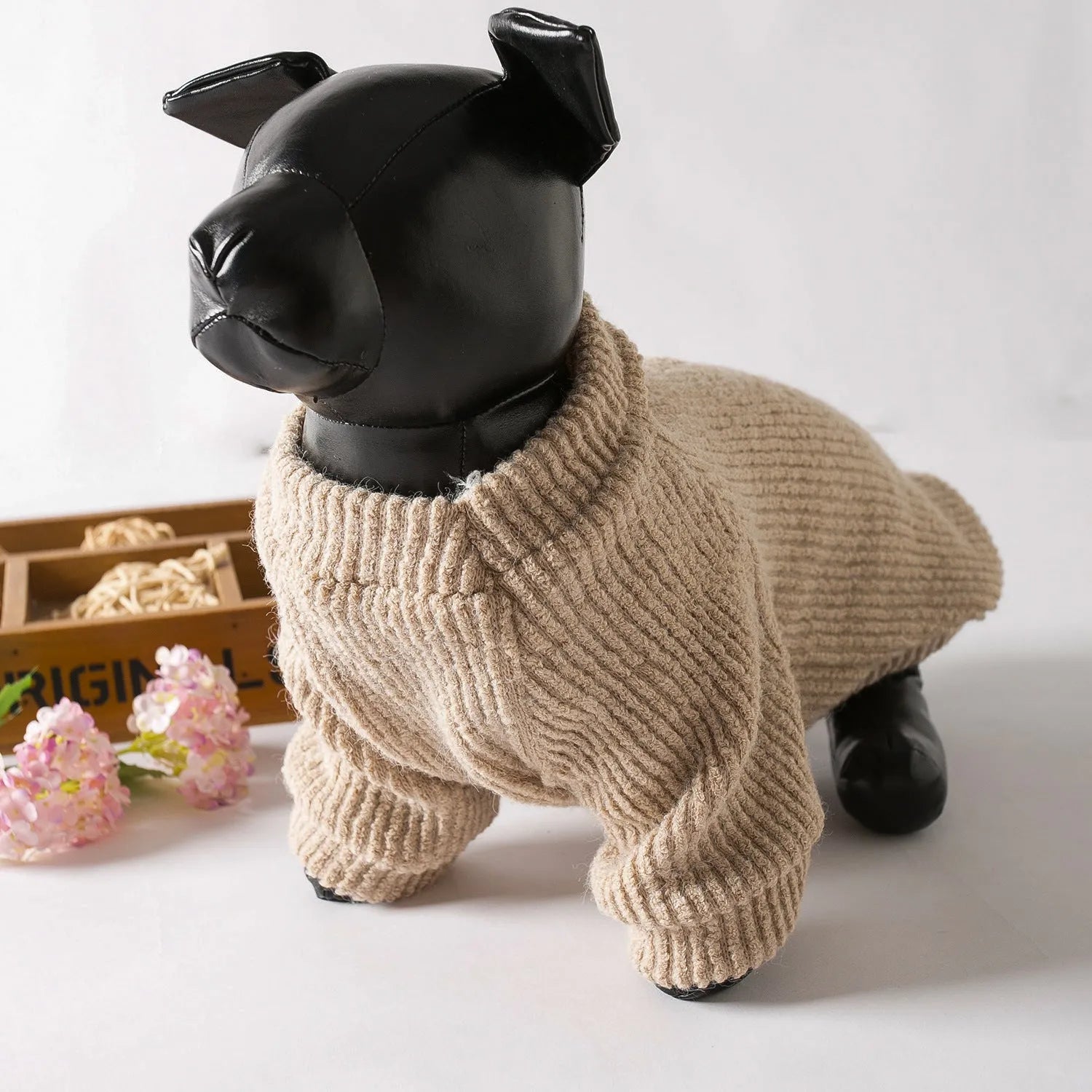 Brown cloth sweater pullover for small dog breeds on mannequin showing casual style pet clothing