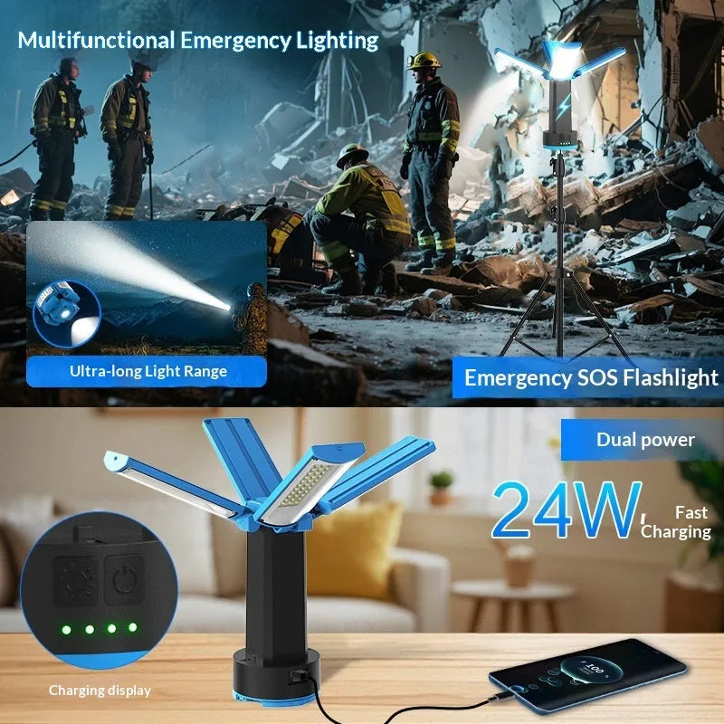 Blue foldable outdoor LED camping lamp with folding bracket and storage bag