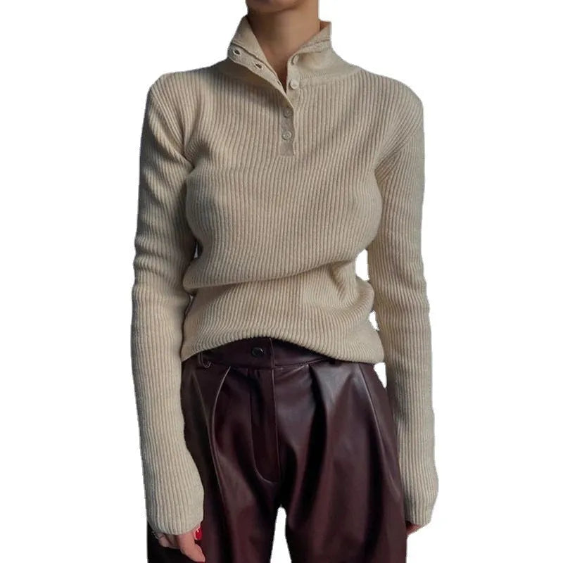 Slim fit half turtleneck pullover sweater in core-spun yarn fabric with single-breasted placket