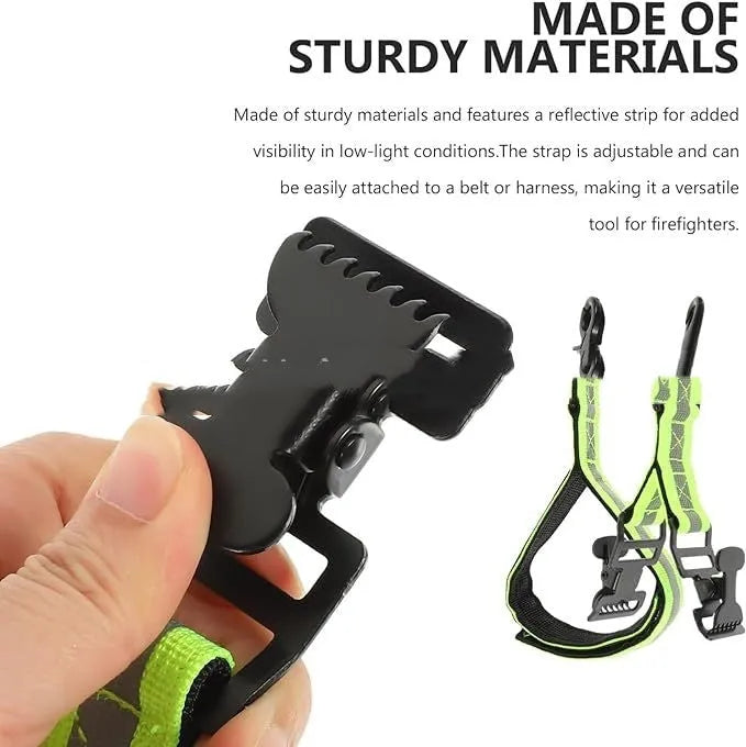 Fluorescent green safety glove clip with metal buckle and reflective nylon lining.