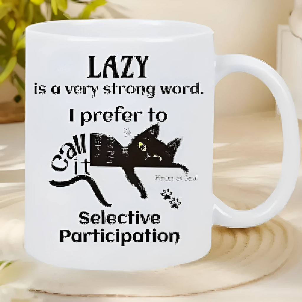 Ceramic mug with thermal transfer picture decoration showing 11oz capacity