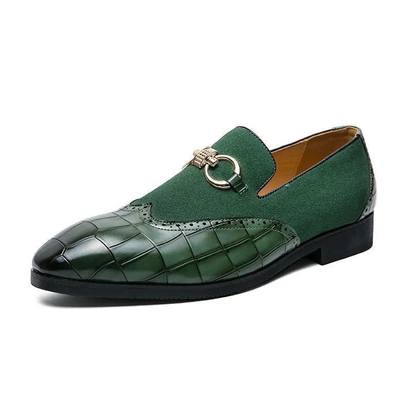 Men's black and green pointed toe casual business shoes with a low-top PU upper and rubber sole.