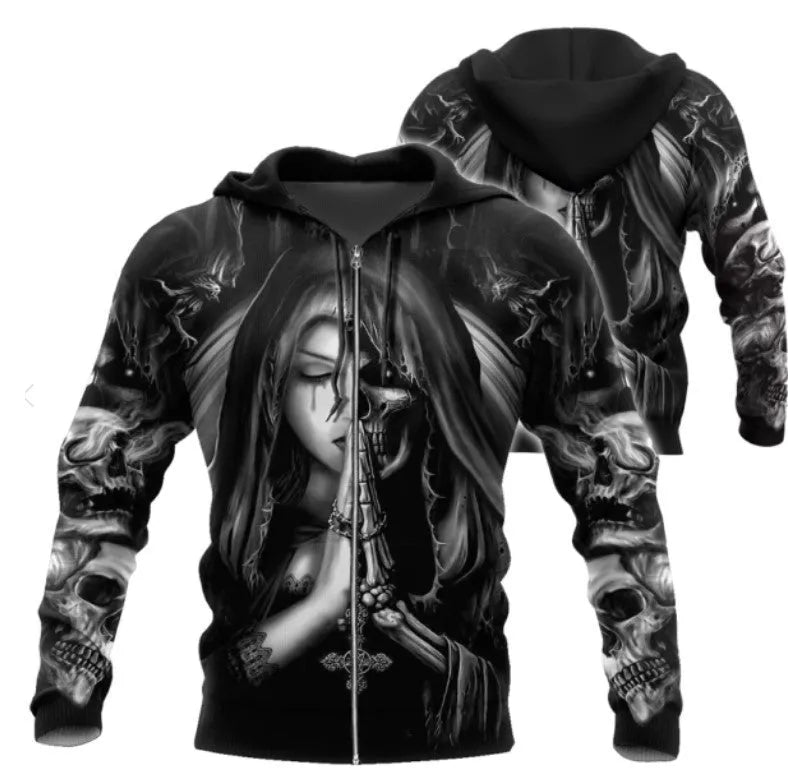 Halloween skull anime 3D graphic on a grey hooded sweatshirt with long sleeves.