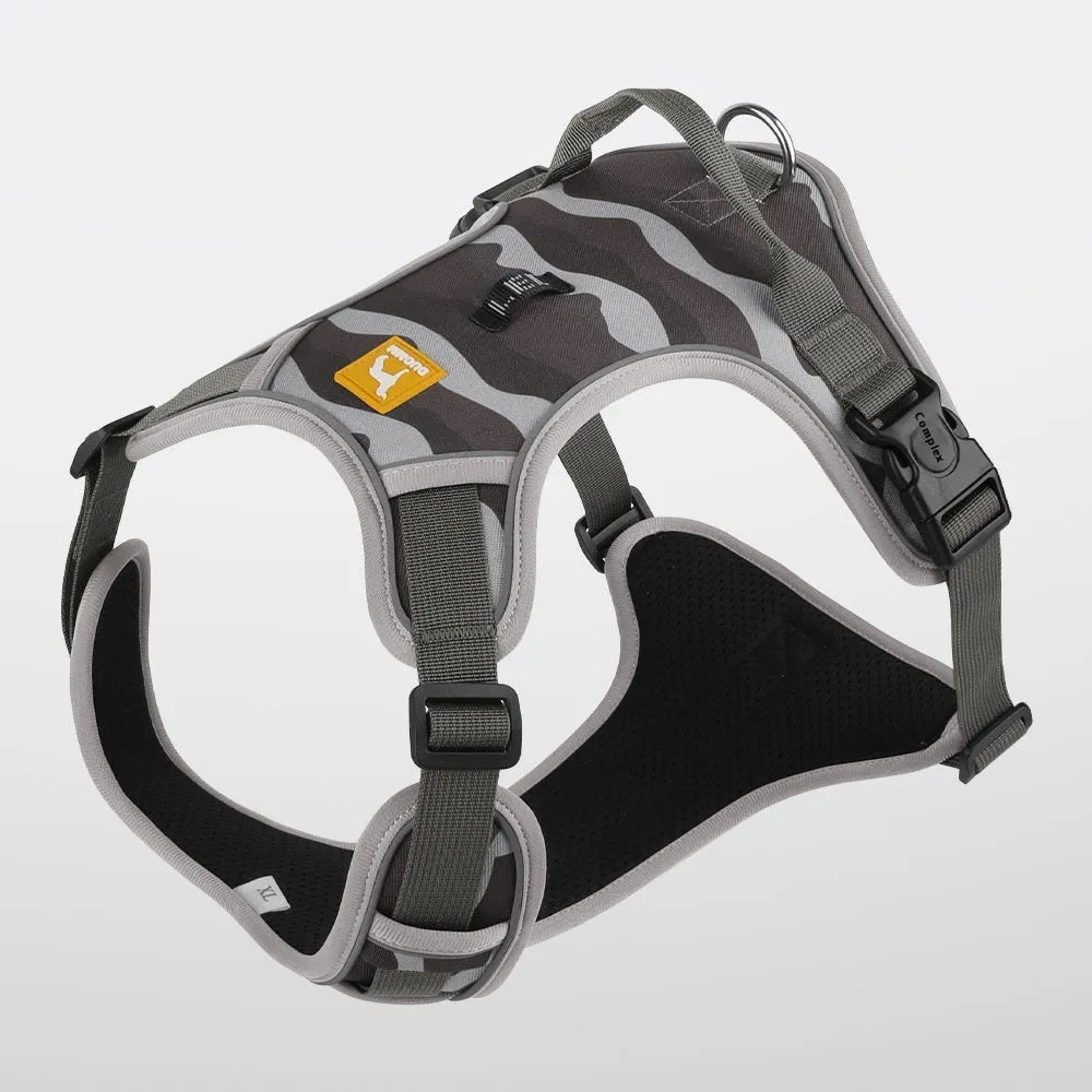 Orange reflective dog harness and leash combination for commuter safety, shown with size options.