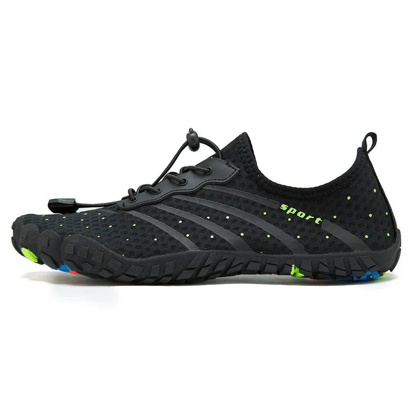 Low-top fast drainage beach swimming shoes in army green with mesh upper and rubber sole.