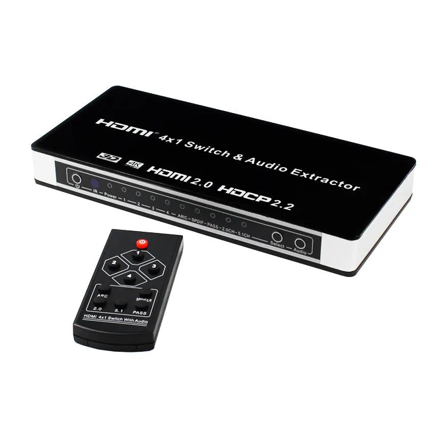 Black HDMI switch box with four input ports, one output port, remote control, and UK power adapter.