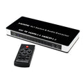 Black HDMI switch box with four input ports, one output port, remote control, and UK power adapter.