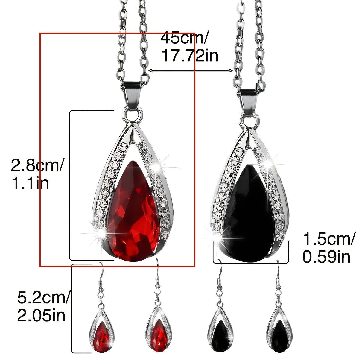 Teardrop pendant necklace and matching earrings set in black and red alloy jewellery