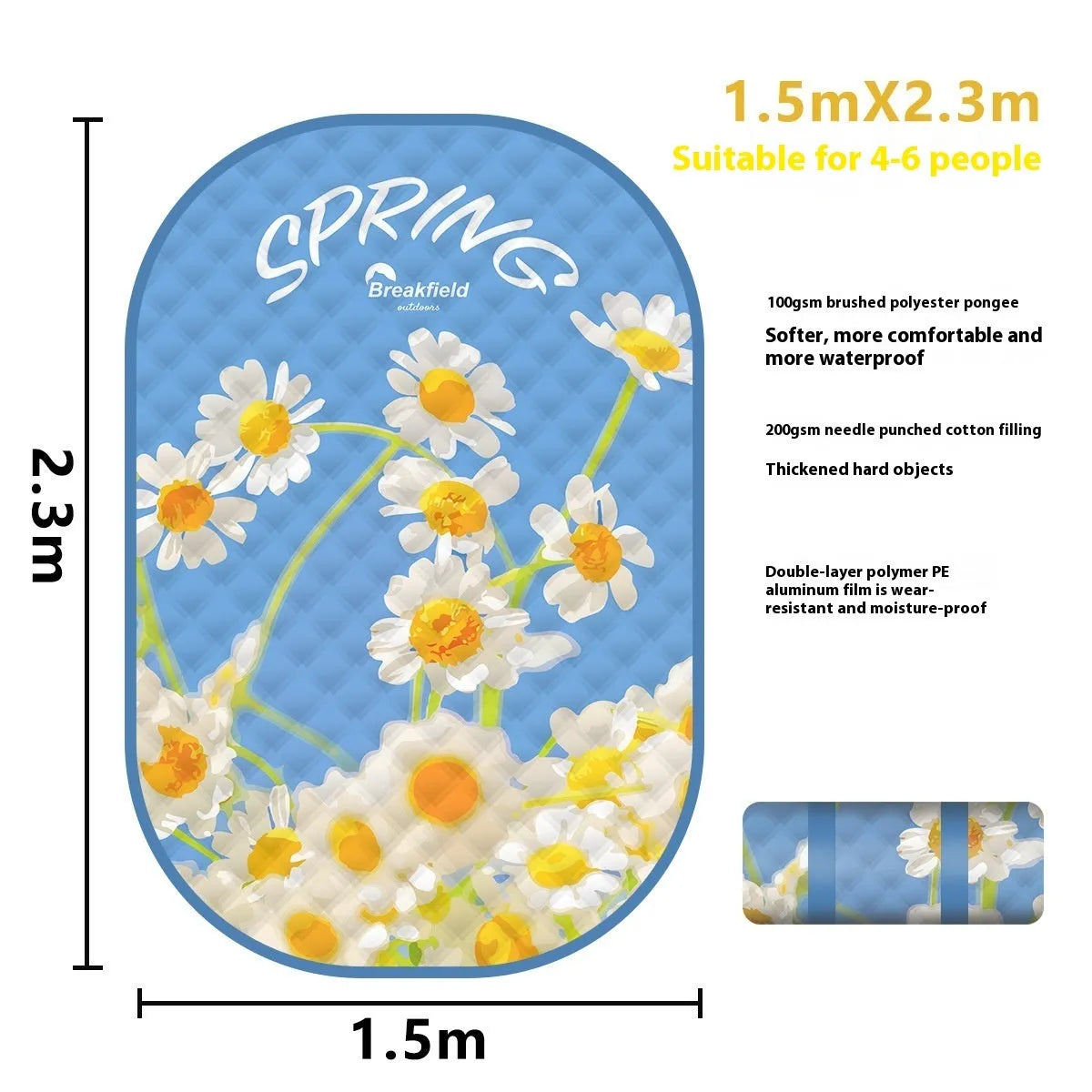 Large rectangular waterproof picnic mat with a brushed fabric texture, shown folded and in use outdoors.