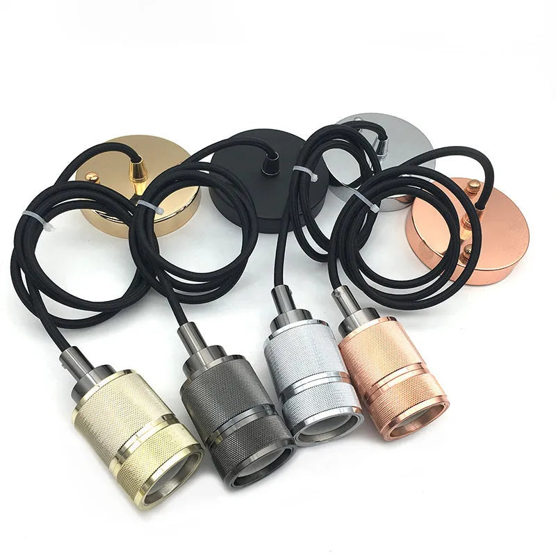 DIY retro chandelier assembly kit with metal frame, braided power cord, and electroplated lamp holder in chrome finish