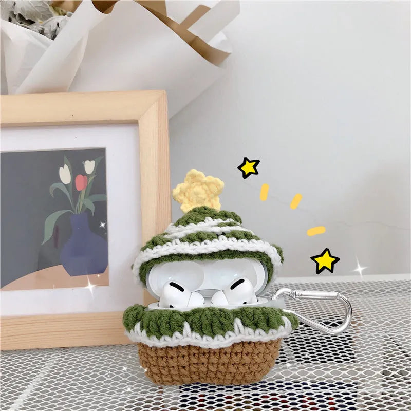 Green knitted Christmas tree Bluetooth headset case for AirPods with hook