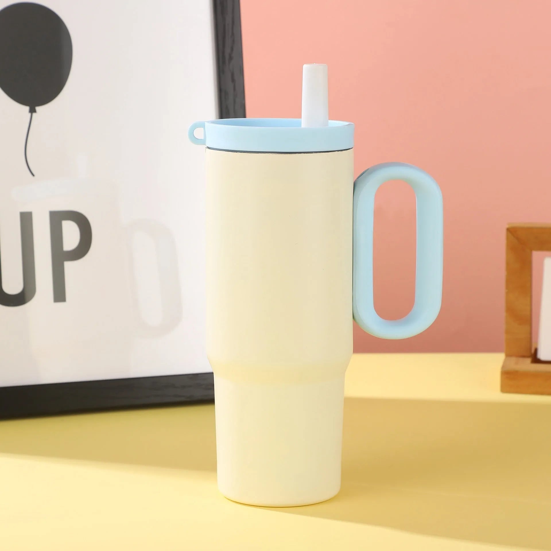 Large insulated straw drinking cup with carrying handle in multiple colour options
