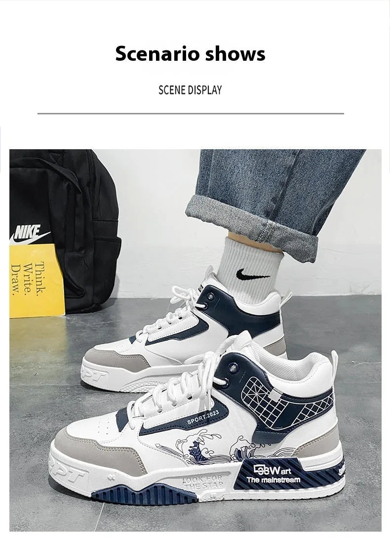 Men's high-top board shoes in beige with white and blue accents, lace-up design with rubber sole