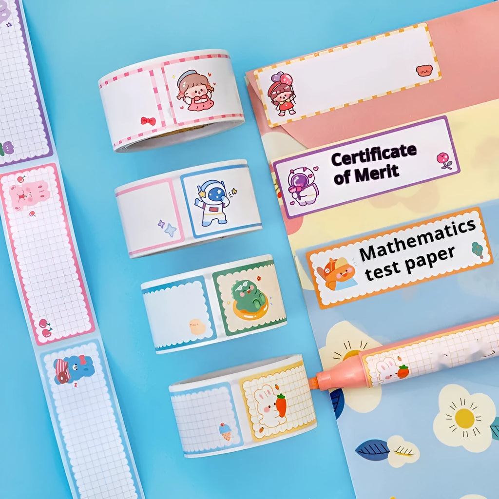 Roll of colourful cartoon name tape stickers for student organisation in dinosaur, astronaut, rabbit, or girl designs