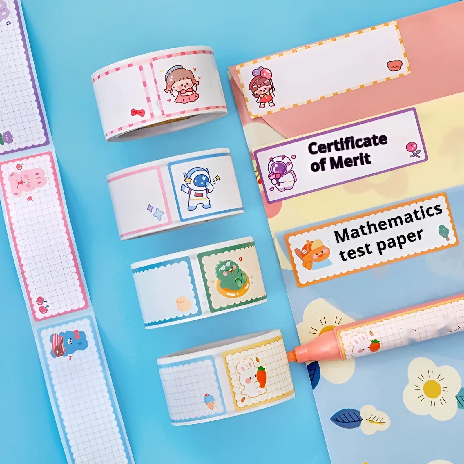 Roll of colourful cartoon name tape stickers for student organisation in dinosaur, astronaut, rabbit, or girl designs