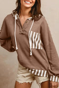 Straw yellow waffle texture striped patchwork women's hoodie with button neck and drawstring hood