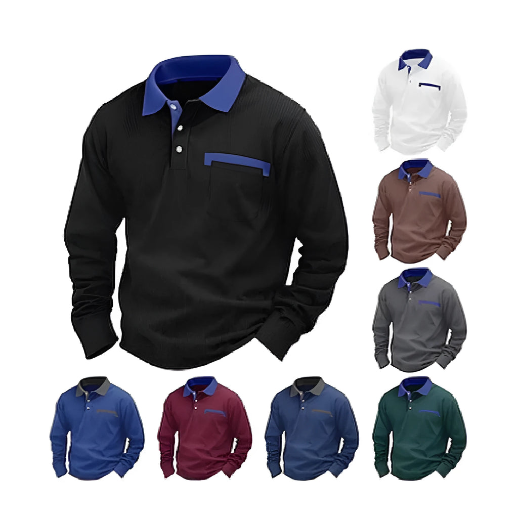 Man modelling a loose-fit long-sleeved waffle-knit polo shirt in a solid colour with an asymmetrical style detail.
