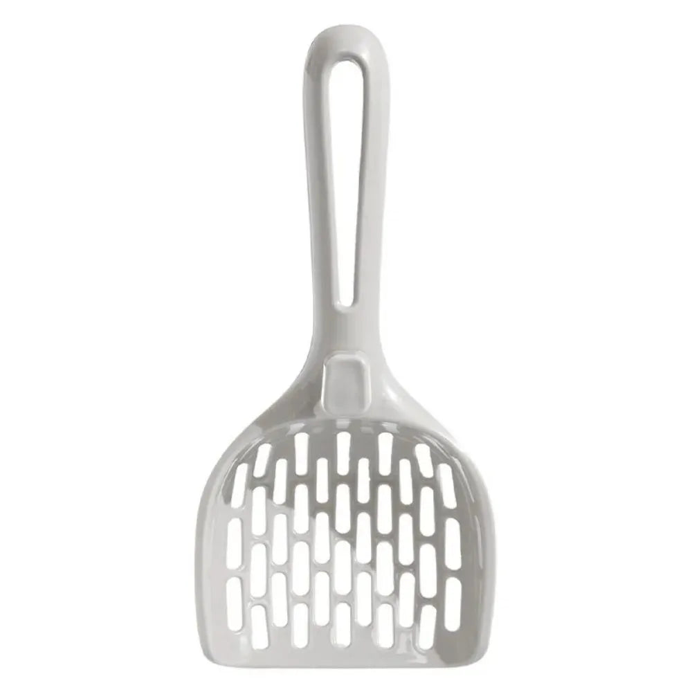 Grey plastic cat litter scoop with storage base showing perforated strainer design