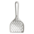 Grey plastic cat litter scoop with storage base showing perforated strainer design