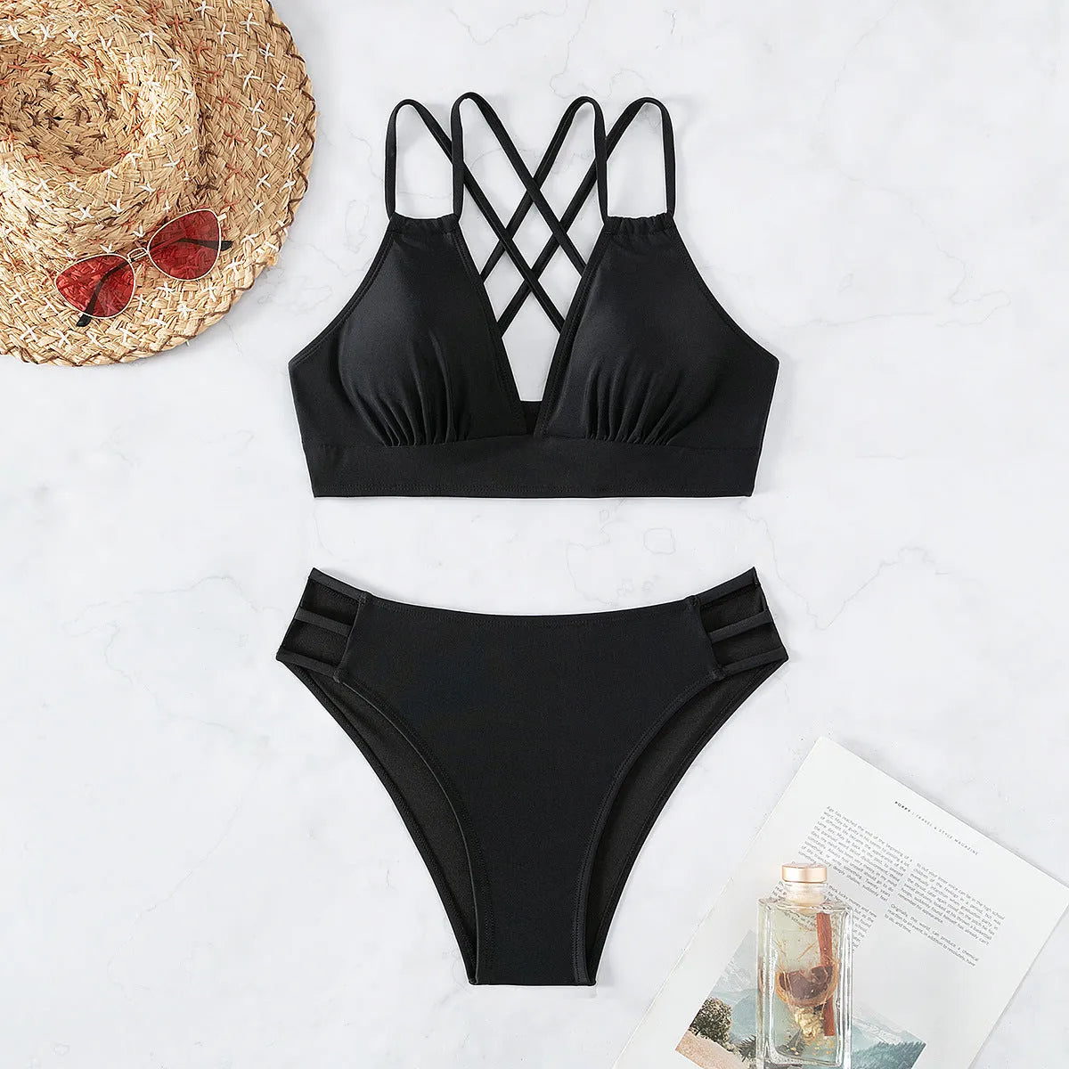 Women's V-neck halter bikini with split shorts in nylon fabric, available in six colours