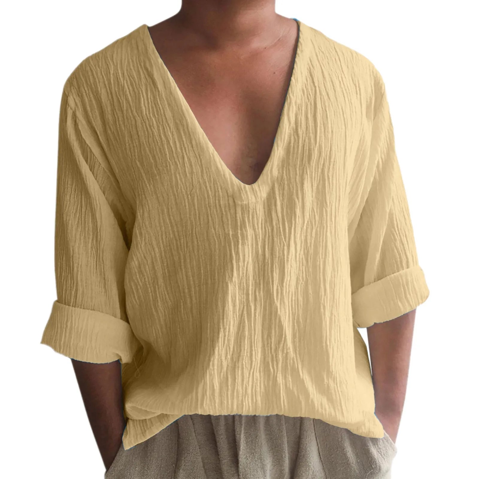 Men's long sleeve V-neck washed cotton t-shirt in solid colours with British style design