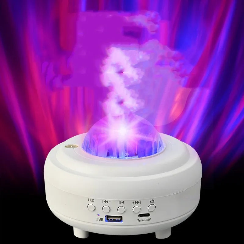White Bluetooth galaxy star projector night light showing starry sky projection on ceiling