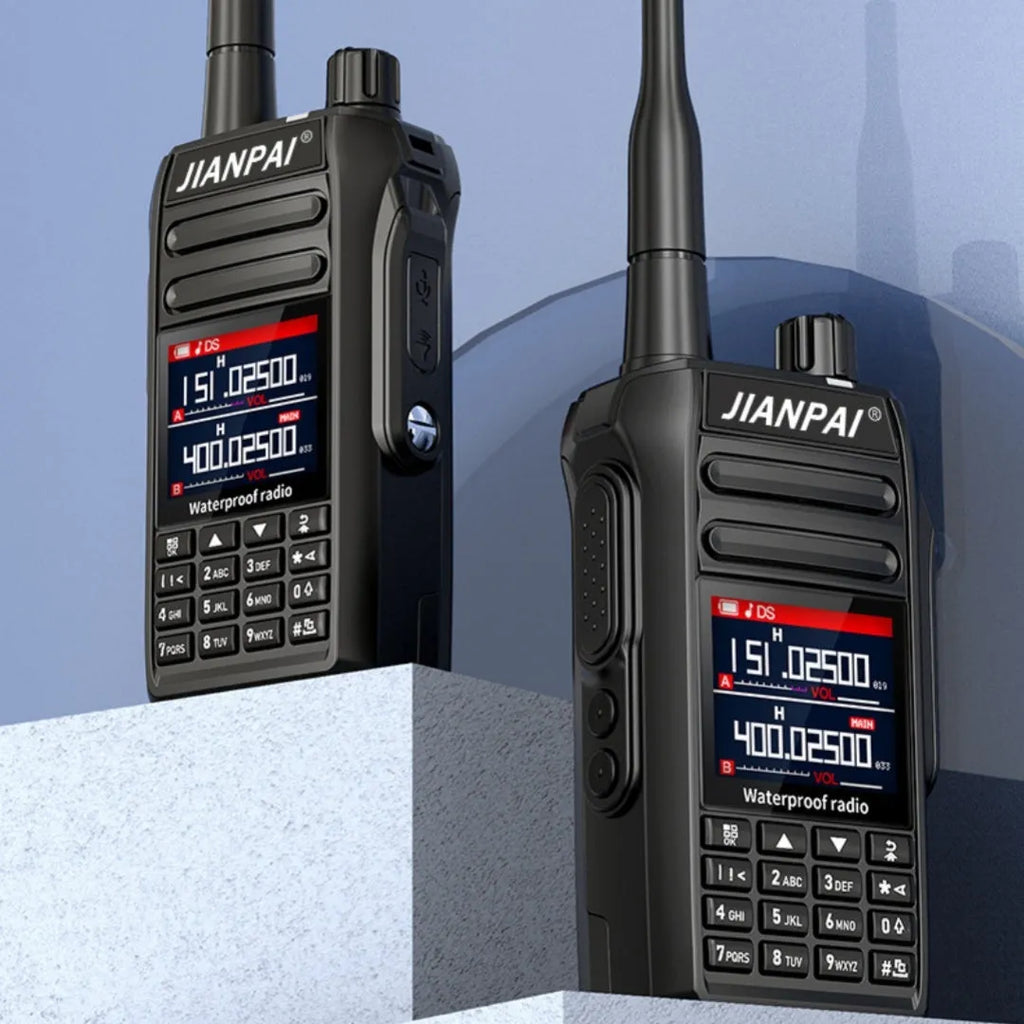 Black aviation radio headset with full band capability, waterproof and dustproof construction