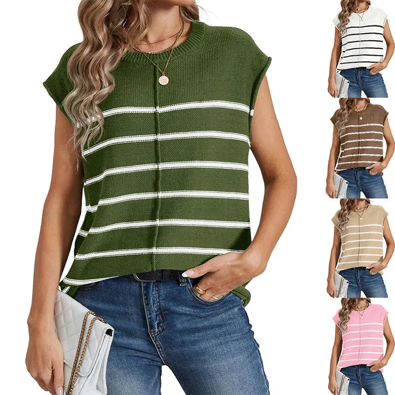 Women's striped sleeveless pullover vest top in apricot colour with visible seam bone stitching