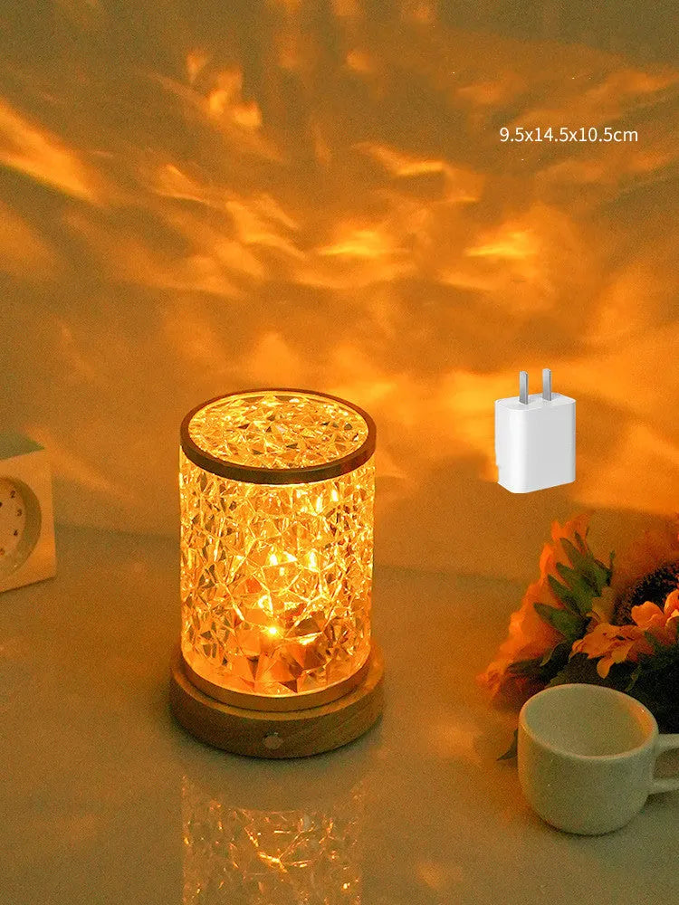 Rotating water ripple night light with solid wood base and USB charging cable