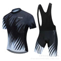 Men's and women's blue cycling jersey and black shorts set for summer biking