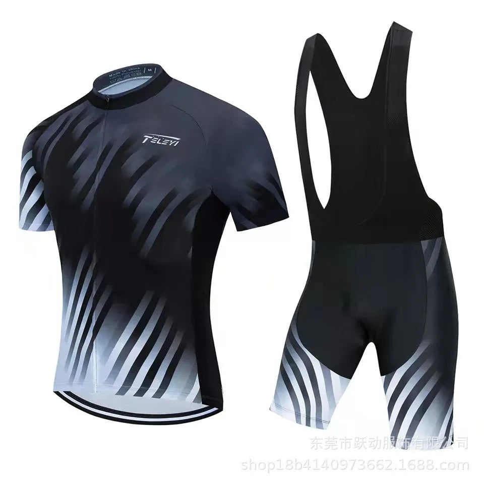 Men's and women's blue cycling jersey and black shorts set for summer biking