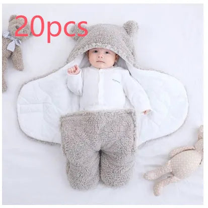 Baby quilted sleeping bag wrapper in cotton blend fabric showing six colour options and three size measurements