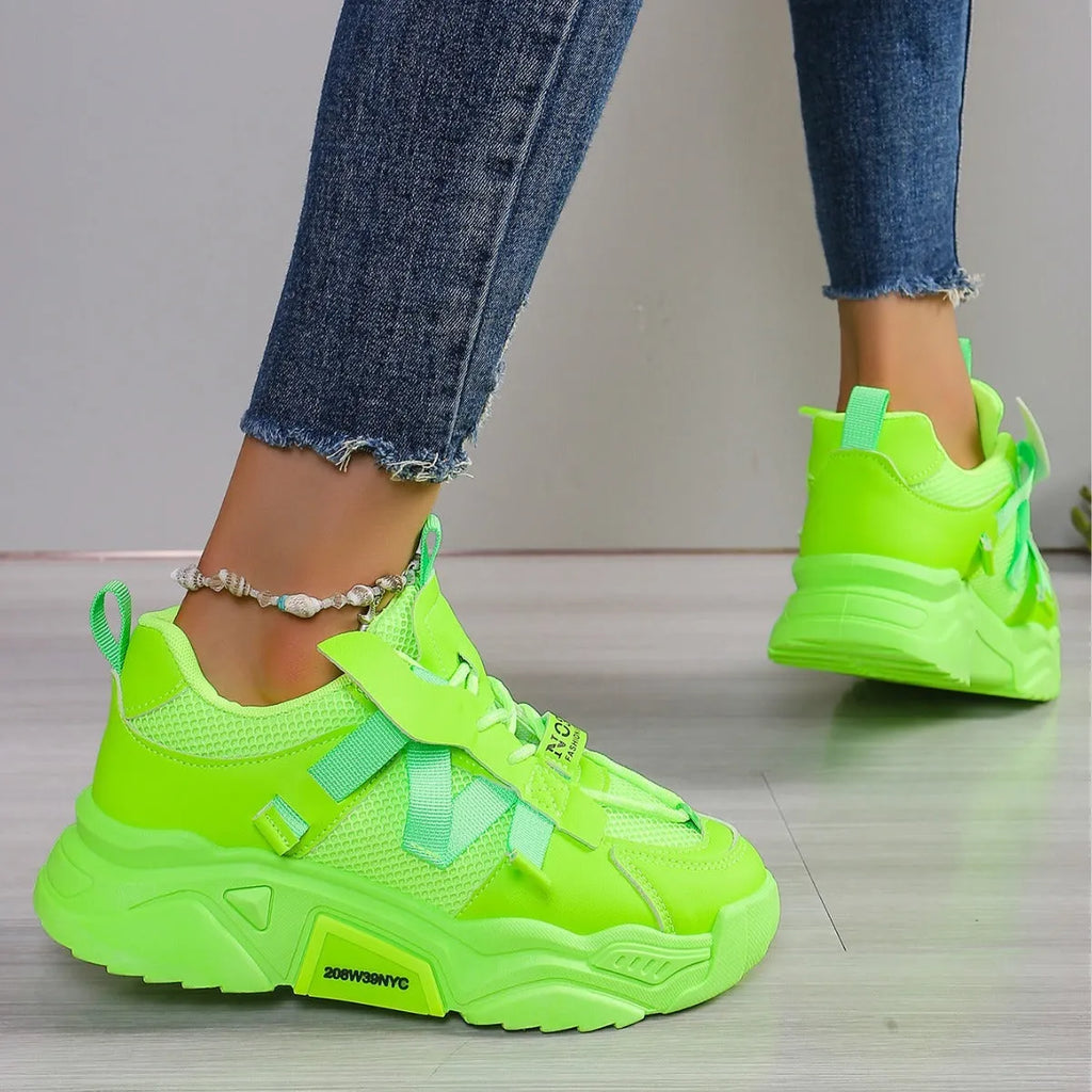 Women's platform mesh dad sneakers in various colours on a white background.