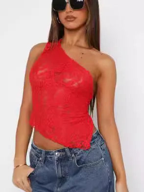 Women's lace backless top with asymmetrical neckline in polyester sleeveless vest street hipster style