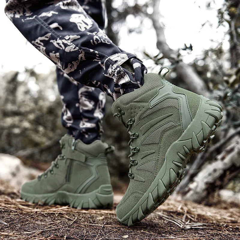Men's training combat boots outdoor hiking shoes in 702 army green colour, PU fabric construction